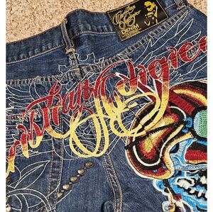 Christian Audigier Denim with Vibrant Skull Embroidery